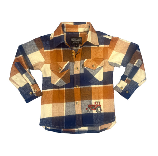 Kids Tractor Embroidered Blue / Tan Checked Shacket