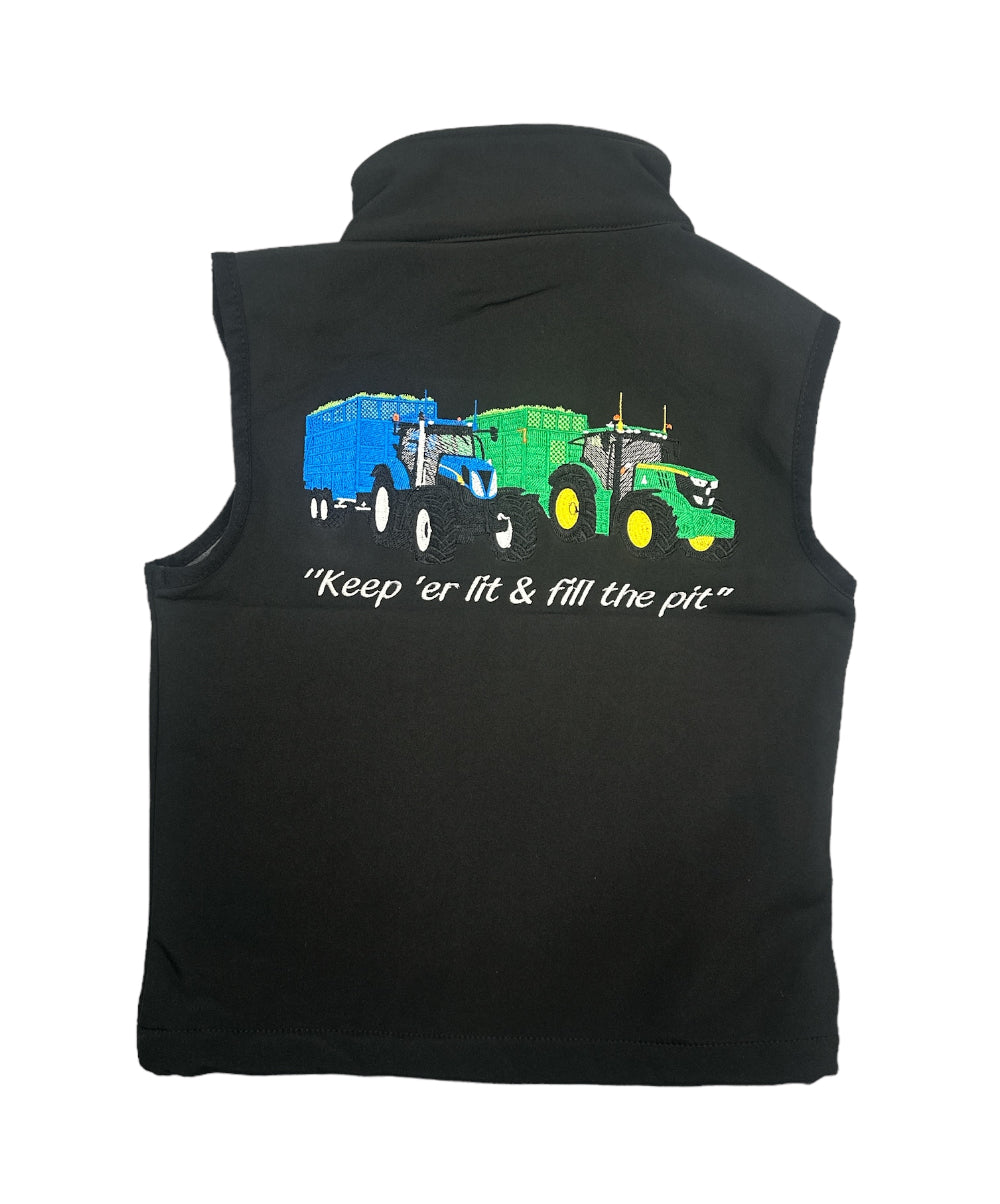 Kids Impact Black Softshell Bodywarmer – Green & Blue Tractor`s & Silage Trailer`s