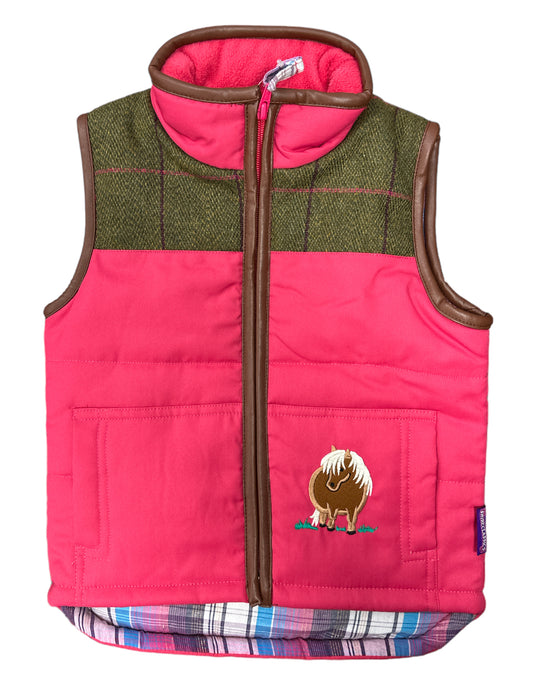 Girls' Pony Bodywarmer Gilet in Pink With Green Tweed