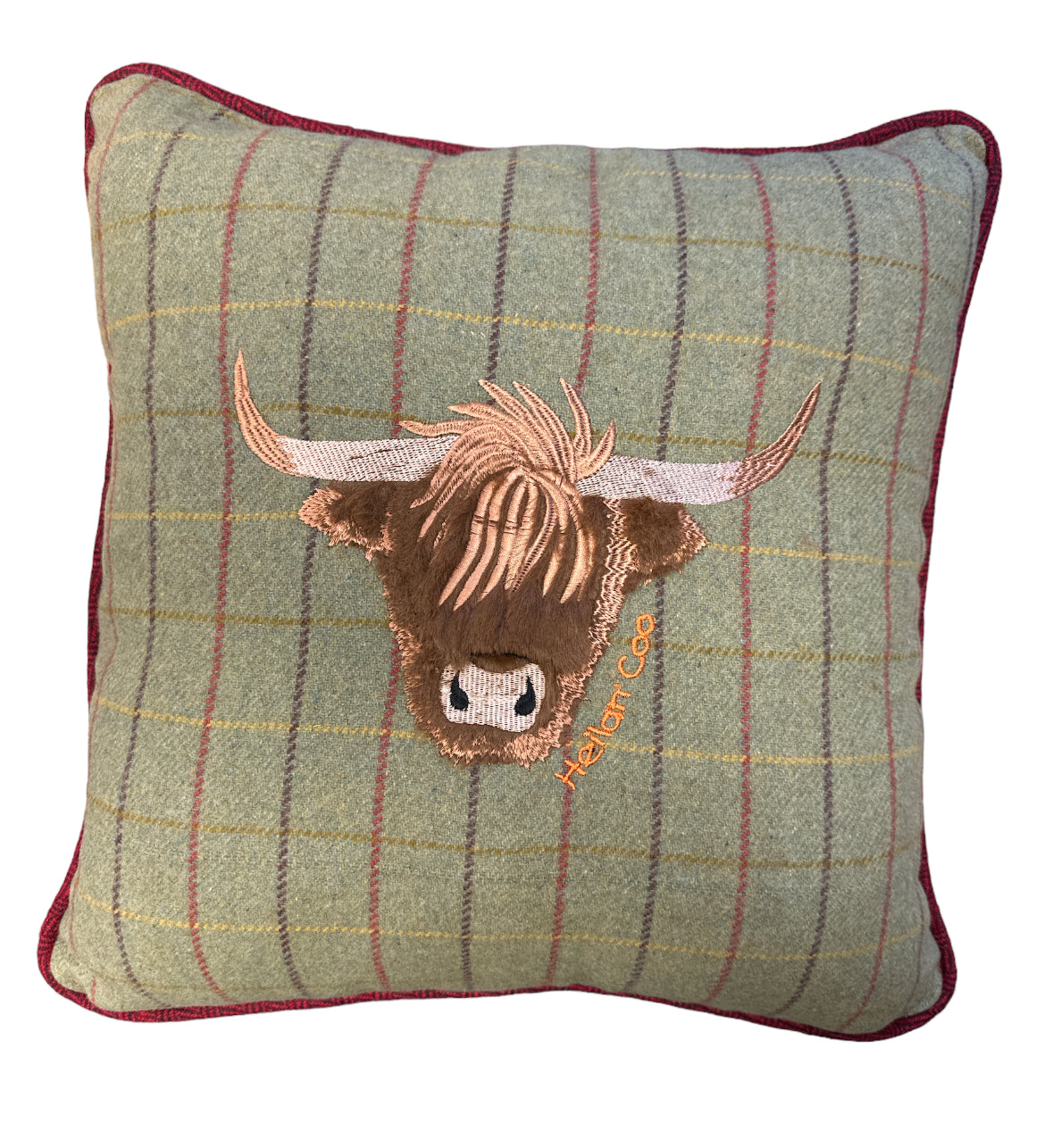 Highland Cow Tweed Cushion with Red Beading