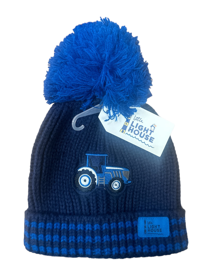 Lighthouse Children’s Bobbie Bobble Hat - Blue Tractor & Stripes