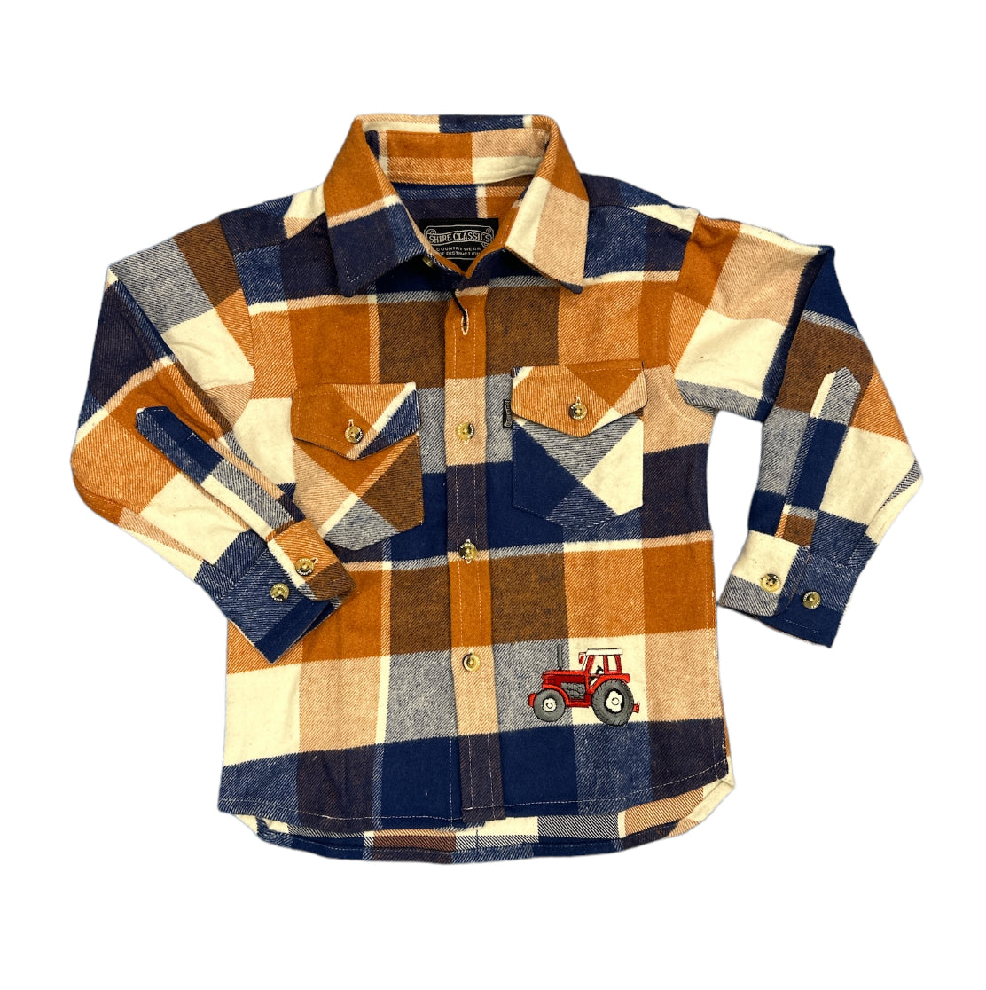 Kids Tractor Embroidered Blue / Tan Checked Shacket