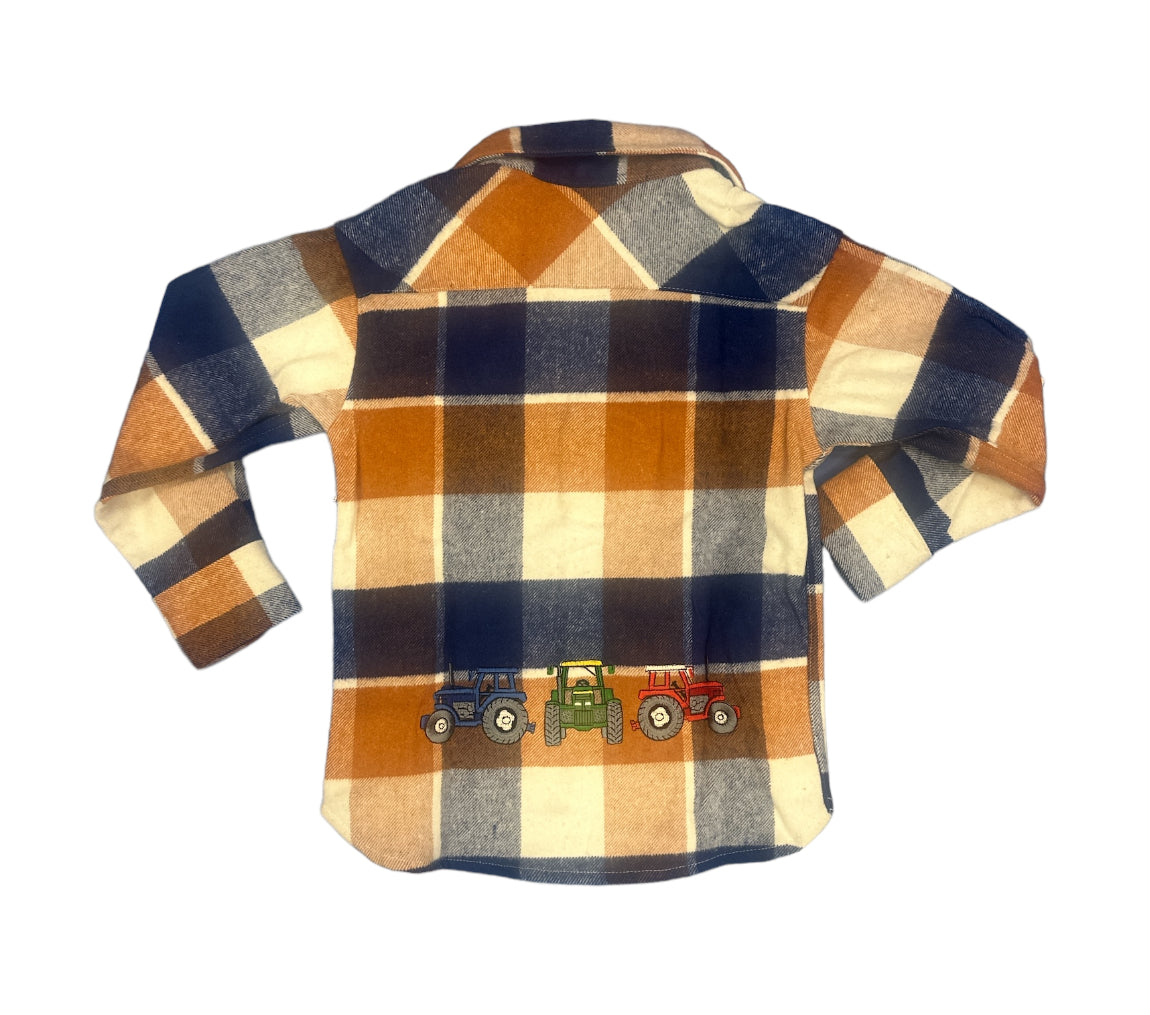 Kids Tractor Embroidered Blue / Tan Checked Shacket