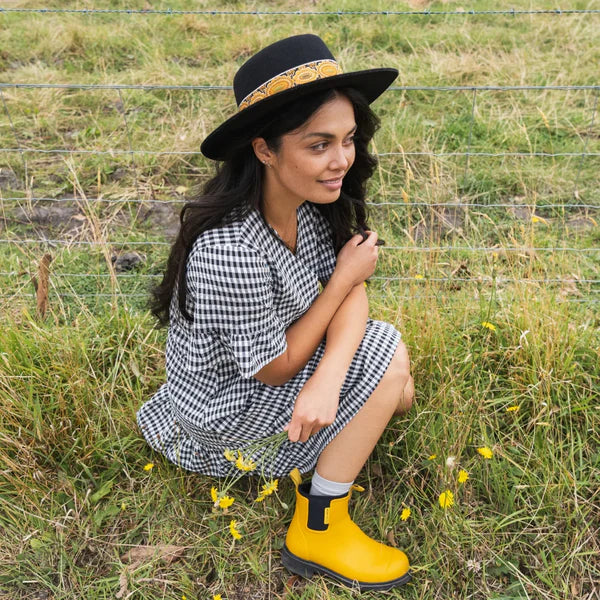 Merry People Bobbi Mustard Yellow & Black Ankle Wellington Boot