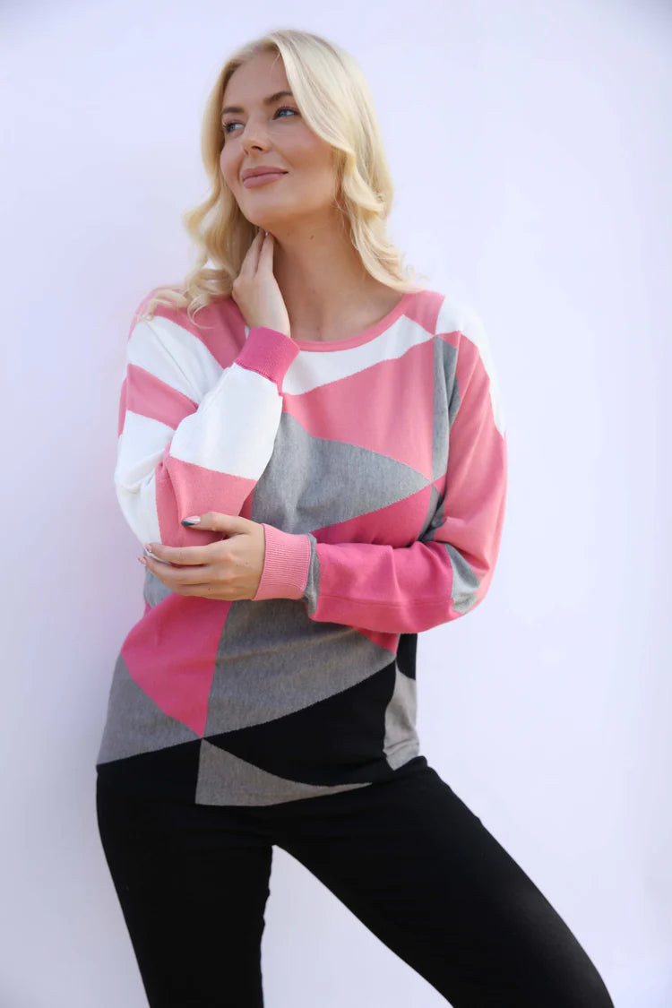 MudFlower Ladies Triangle Colour Block Batwing Jumper  Pink Combo