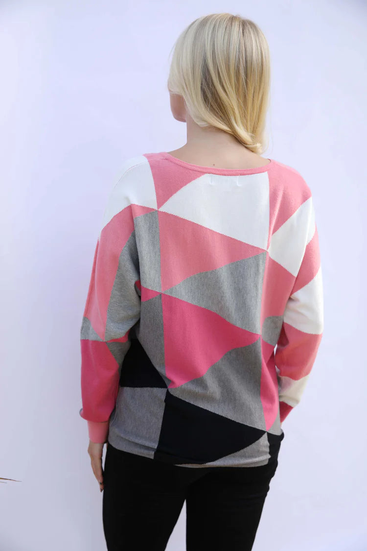 MudFlower Ladies Triangle Colour Block Batwing Jumper  Pink Combo