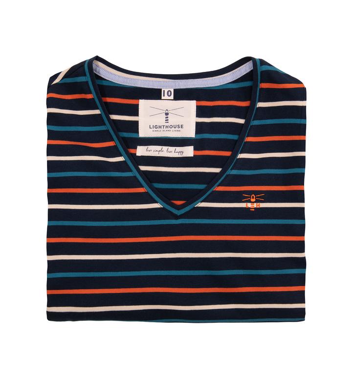 Lighthouse Ariana in Navy & Burnt Orange Stripe with 3/4 Length Cotton Sleeve Top Jersey