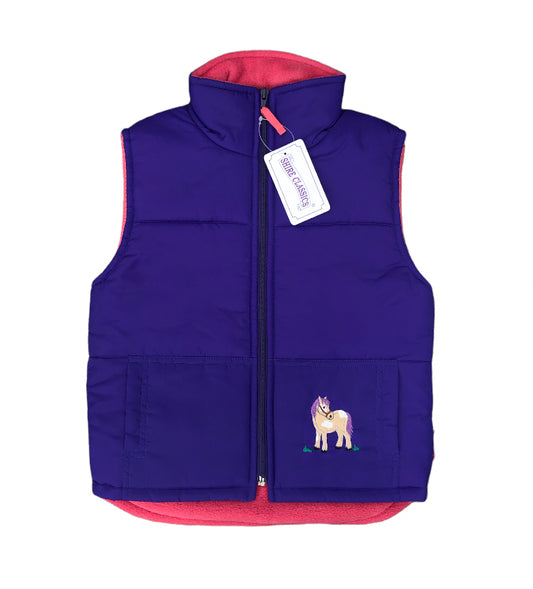 Girls' Purple/Blue Pony Bodywarmer with pink fleeced lining.